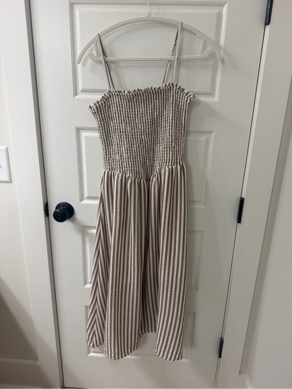 Women’s Beige and White Striped Smocked Sundress